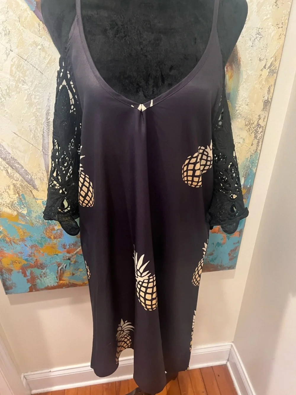 Black Pineapple Print Dress Adjustable Straps Lace Sleeve
Medium Boho - Picture 8 of 15